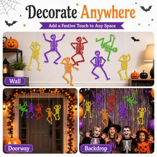 Halloween Skeleton Decorations - 8-Pack Glitter Hanging Skeletons with String - Skeleton Variation