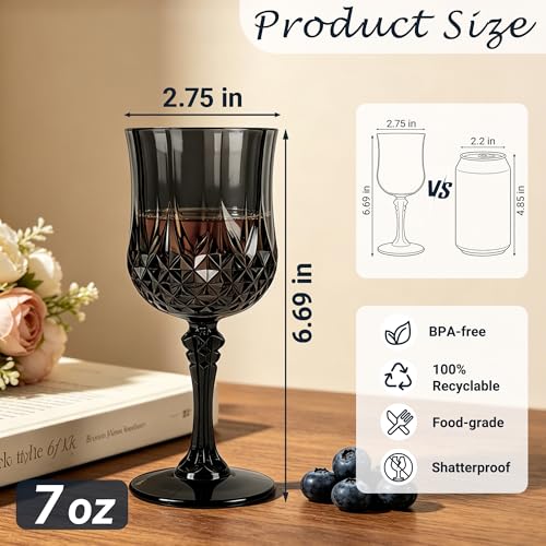 Black 12-Pack Plastic Wine Glasses 7oz Vintage Goblets for Weddings