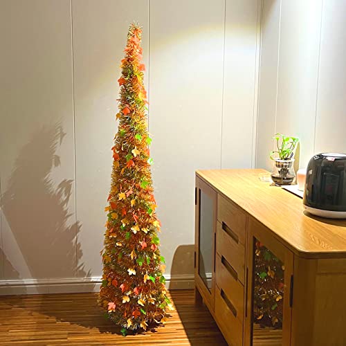 5ft Pop Up Tinsel Tree with LED Lights - Artificial Maple Fall Decor Yellow