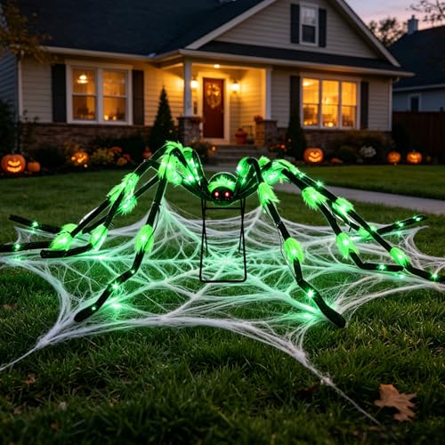 Green Light Up Halloween Giant Spider - 8 Modes, 80-Inch Wide Yard Decor