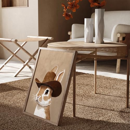 Cowboy Bunny Canvas Wall Art - Neutral Western Nursery Decor, 24x16 inches