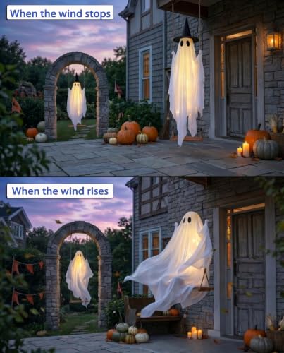 Outdoor 5FT Hanging Ghost Decor with Remote Lights, Waterproof & Stable