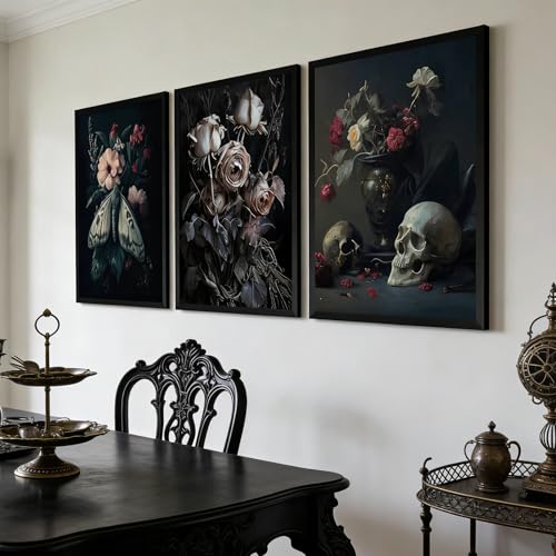 Gothic Wall Art Set - Skull Moth Dark Academy Poster Wall Decor - 24"Lx16" Variation