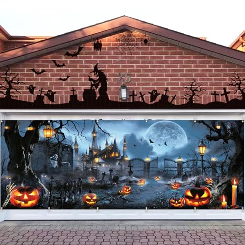 Grey Halloween Garage Door Cover 6x16Ft Haunted House Pumpkin Design - Indoor Outdoor Decor