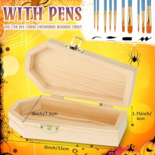 Unfinished Wooden Coffin Boxes with Art Brushes - DIY Jewelry & Craft Storage Set