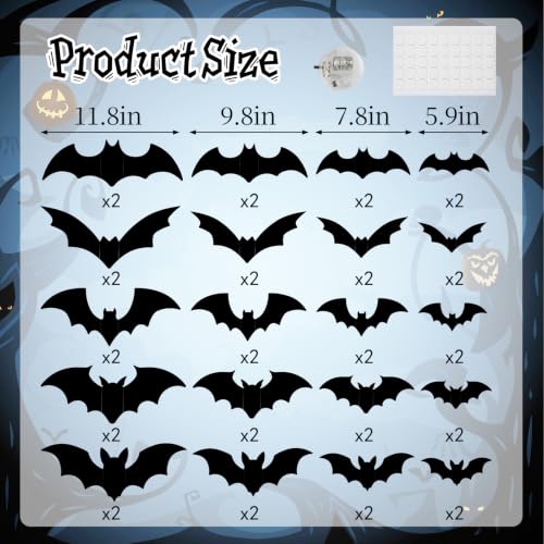 Multicolor 40 Pcs Light Up Bat Wall Decor - 3D Halloween Lighted Bat Stickers