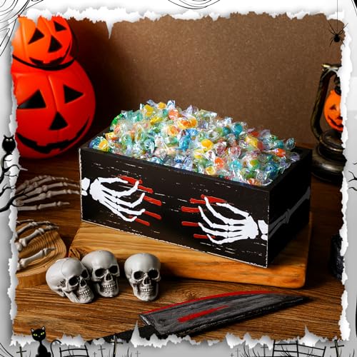 Halloween Wooden Candy Bowl - Skeleton Hand Trick or Treat Serving Dish Variation