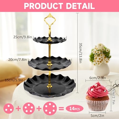 Black Plastic 3-Tier Cake Stand with Metal Rod - Dessert Display for Parties