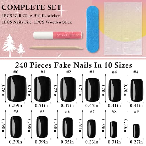 Black Short Square Press-On Nails Kit - 240 Pc Fake Nails with Glue & Tools
