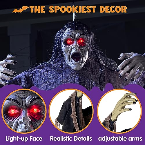 Halloween Zombie Decorations Outdoor Hanging Zombie Prop with Green Face and Lighted Eyes - Brown & Black Variation