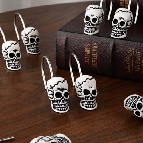 Decorative Skull Shower Curtain Hooks Set - Black Skull Design, 12PCS