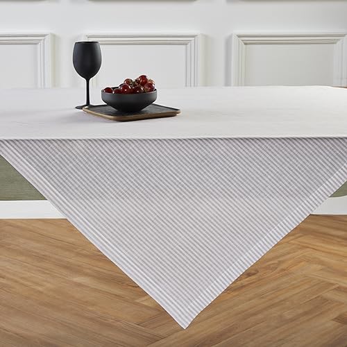 Pure Linen Table Cloth 52x52 Inch Square Natural & White Striped - Handcrafted