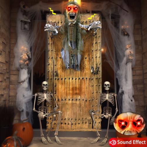 76-Inch Halloween Animatronic Zombie Ghost Decoration with Red Eyes, Sound Activated Outdoor Decor