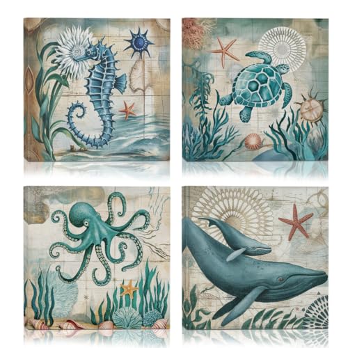 Beach Wall Art Set - Ocean Sea Turtle Octopus Canvas Pictures, Variation Ocean 02
