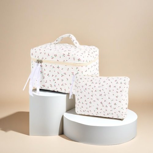 Hyfant 2Pcs Floral Quilted Makeup Bag Set Coquette Makeup Bags Large Cotton Cosmetic Bag Cute Makeup Bag with Bow Pattern Portable Travel Toiletry Bag For Women