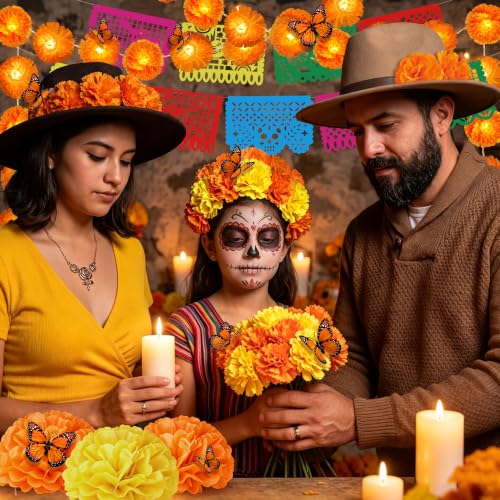 Dia de Los Muertos Decor Set with Marigold Garland Banners Flowers & Butterflies