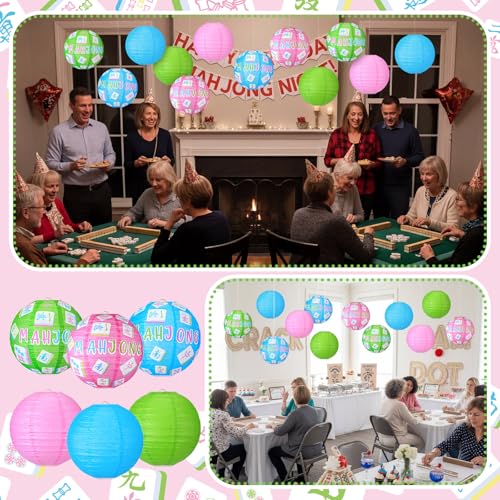 Panelee Mahjong Party Decorations - 12 Hanging Paper Lanterns - Mahjong Theme Variation