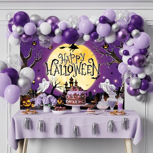 Halloween Backdrop Purple Moon Night Witch Castle Pumpkin Graveyard 8x6FT - Kids & Adults Party Decoration