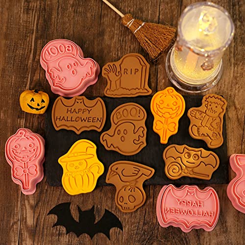 Halloween Cookie Cutter Set with Stamp - 8 Plastic Baking Tools for Cookies & Pastries