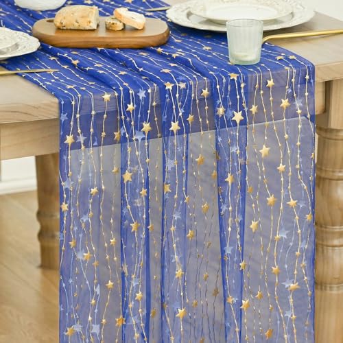 Dark Blue 10FT Glitter Stars Table Runner - 28x120 Inch Wedding Party Decor