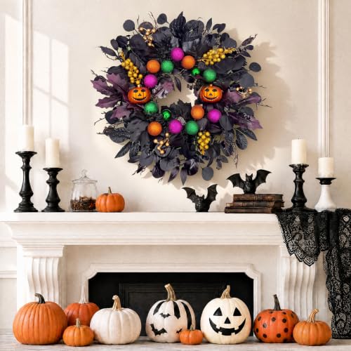 24-Inch Halloween Front Door Wreath with Pumpkins & Eucalyptus Decor