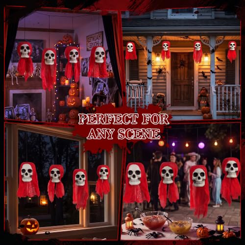 Large 4 Piece Hanging Skull Heads Halloween Decorations on String - Creepy Outdoor Graveyard Decor