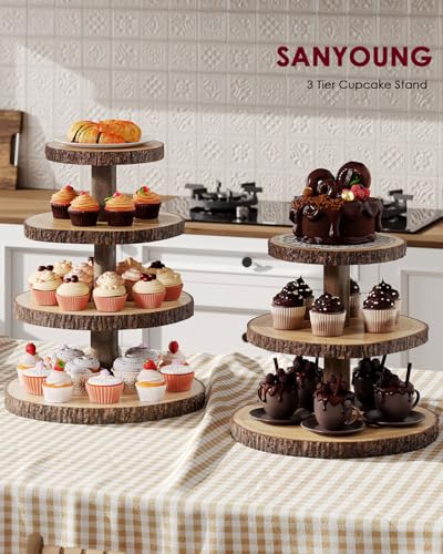 Wood Cupcake Stand 3 Tier Rustic Cake Display Holder - Roud-3 Tier