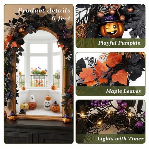 Halloween Garland with Lights and Pumpkins - 6ft Fall Decor for Mantle and Doorway