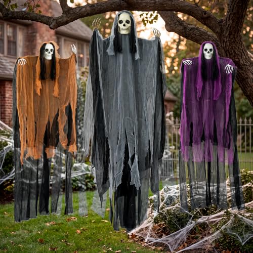 Halloween Hanging Grim Reaper Decoration Set - Tattered Skeleton & Flying Ghosts, 47 & 63 Inches, Outdoor Indoor Spooky Decor