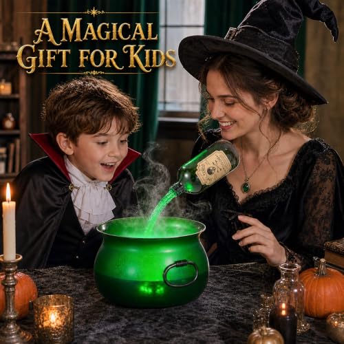 Halloween Magic Cauldron with Floating Potion Bottles, Fog & Glow Effect