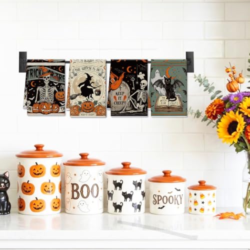 Halloween Kitchen Towels Set - Vintage Skull Pumpkin Witch 16x24 Inches