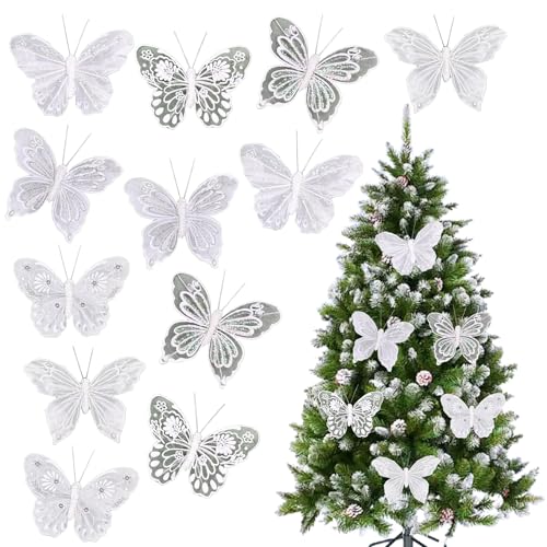 White Feather Butterfly Decorations with Glitter & Pearls - 3.9 Inch Clip-On Craft Ornaments for Weddings & Parties