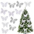 White Feather Butterfly Decorations with Glitter & Pearls - 3.9 Inch Clip-On Craft Ornaments for Weddings & Parties