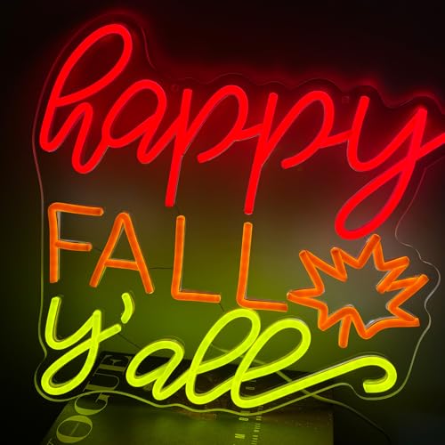 Happy Fall Y'all Neon Sign - Fall Decor LED Light with Hanging Chain - Yellow+Red Variation
