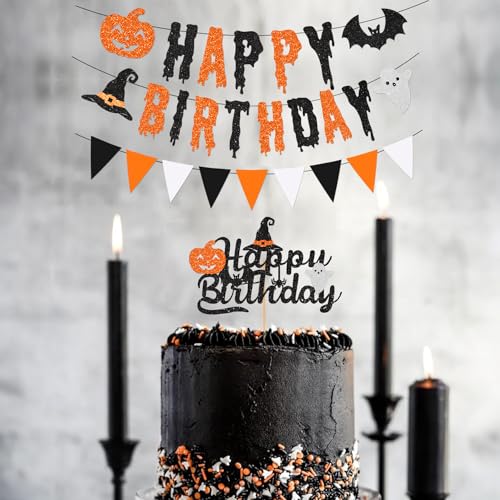 Halloween Birthday Banner with Pumpkin Ghost & Bat Glitter Decorations