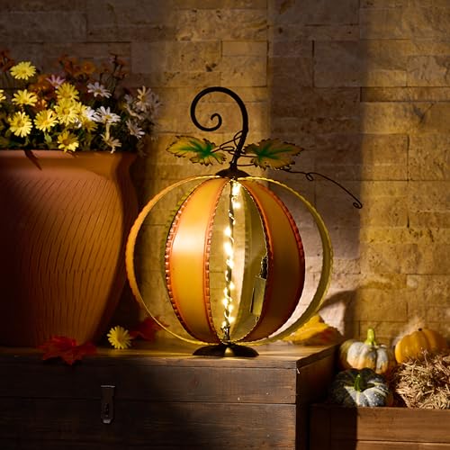 Outdoor Metal Pumpkin Decor - Fall Garden Decor, 9.3 Inch, Orange, Medium - Distressed Finish