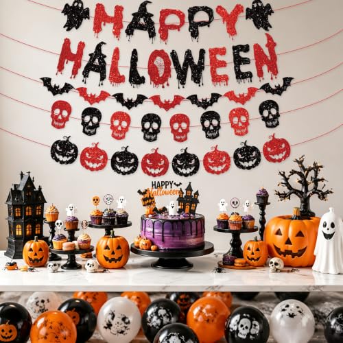 Halloween Banner with Glitter Bat Skull Pumpkin Decor - Pre-Strung Party Garland