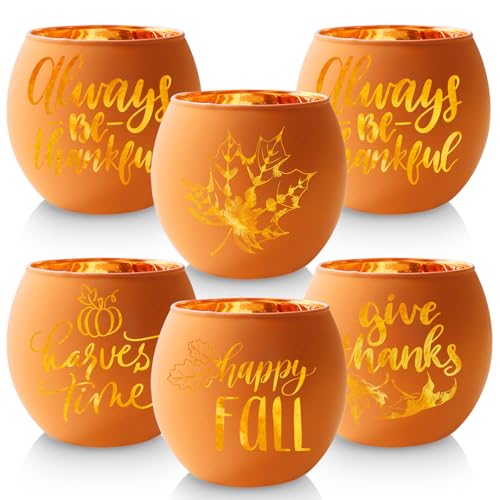 Fall / 6 Pumpkin Glass Votive Candle Holders for Thanksgiving & Fall Decor