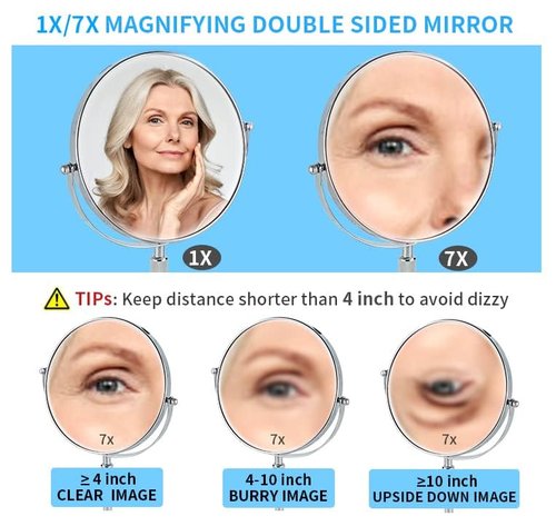 Gecious Silver Makeup Mirror 1X/10X Free Standing 8 Inches 360 Swivel Dual-Sided Tabletop Makeup Mirror, Metal