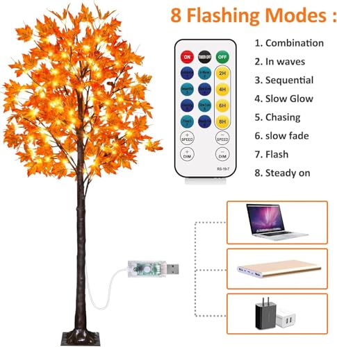 2 Pack 6Ft 130 LED Fall Maple Tree with 8 Flashing Modes Dimmable Thanksgiving Decor