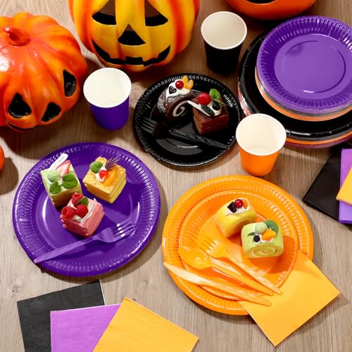 Halloween Paper Plate and Napkin Set for Party, 60 Guests, Black Orange Purple