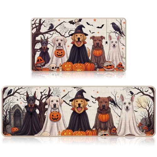 Halloween Kitchen Rugs - Ghost Dog Design, 28x16 & 47x16 Inches - Family-Friendly Halloween Decor