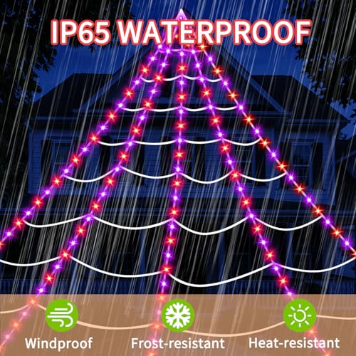 Halloween Outdoor Spider Web Lights with 350 LEDs & Giant Spider - Purple & Orange, 23Ft Web with 6.6Ft Spider, Waterproof & Timer