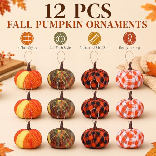 Fall Fabric Pumpkin Ornaments - Set of 12 Thanksgiving Hanging Decorations