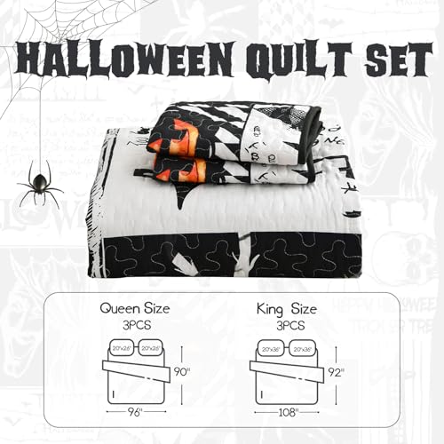 King Size Halloween Quilt Set Black Patchwork with Pumpkin Ghost Design - Luxudecor