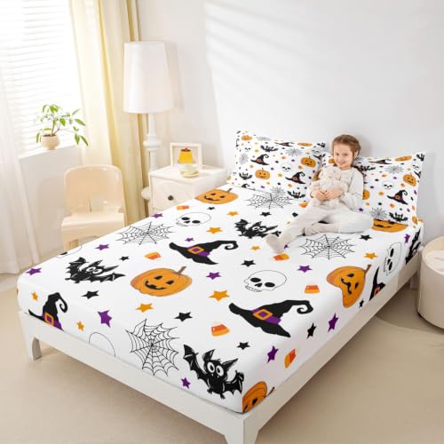 Halloween Pumpkin Decorations Gothic Bed Sheets Full Size with Spider Web & Bat Design - Multi 04