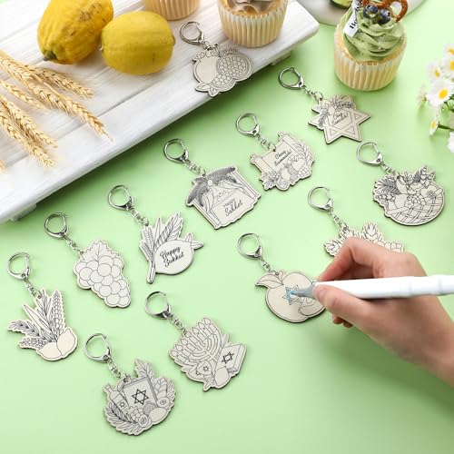 Wooden Sukkot Craft Keychains Set - 24 Pcs, 12 Styles for Holiday DIY
