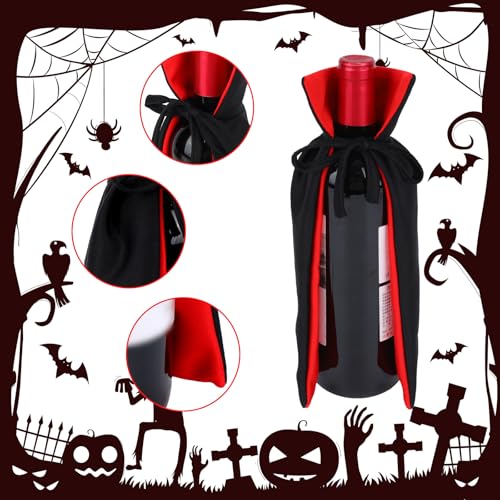Halloween Vampire Cape Wine Bottle Covers - Reversible Knit Fabric Decorations, Set of 2
