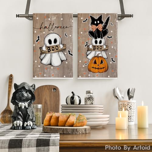 Wood Cat Ghost Halloween Kitchen Towels Set of 2 - 18x26 Inches, Artoid Mode