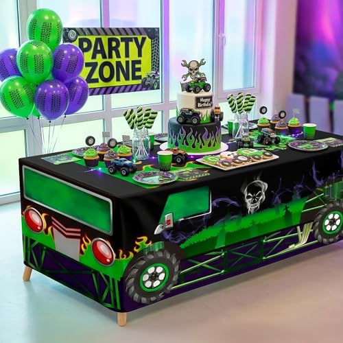 Kids Monster Truck Tablecloth for Birthday Party, Reusable Polyester Decoration